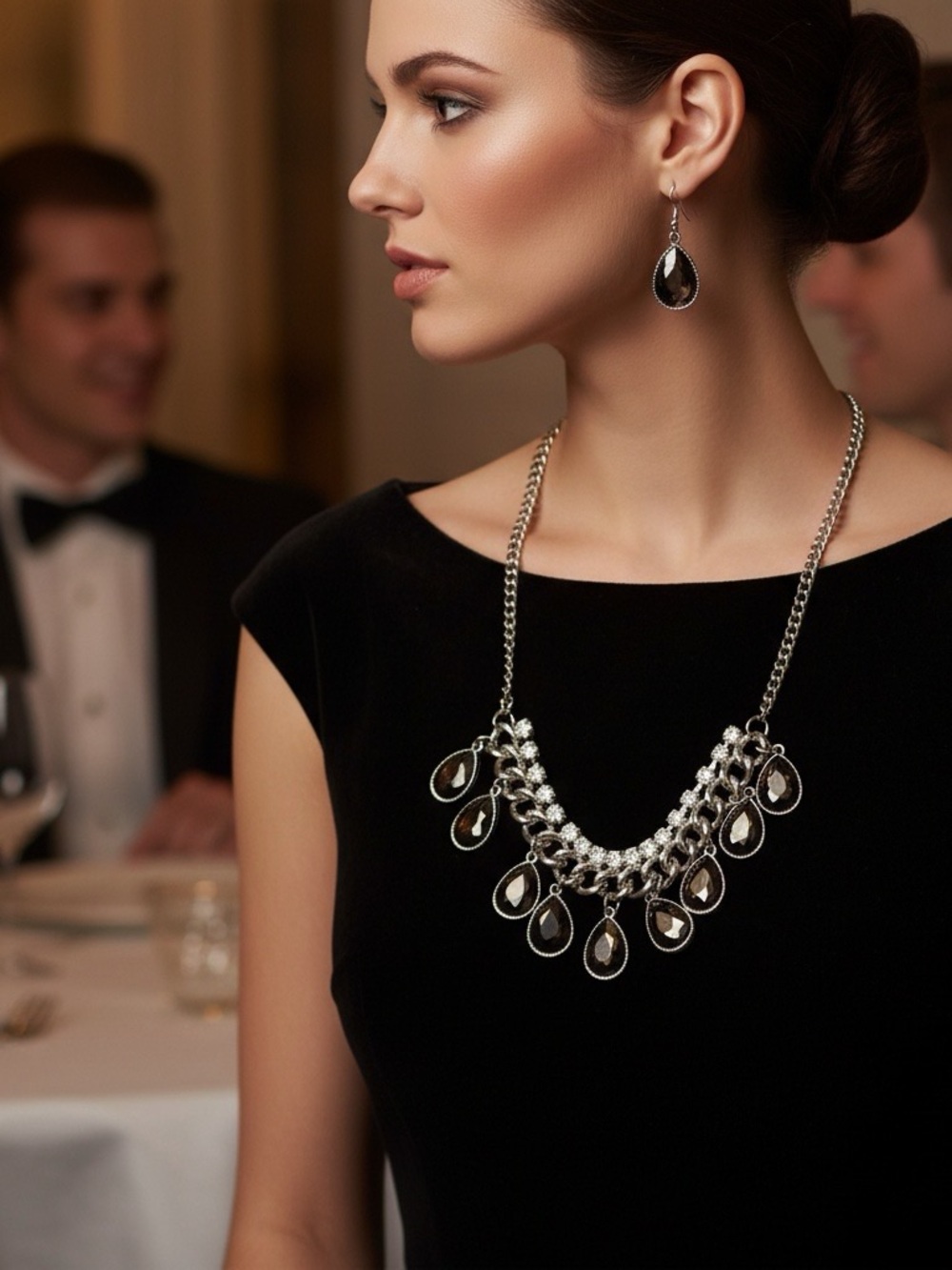 Vintage Black And Silver Tone  Paparazzi Necklace & Earrings Set